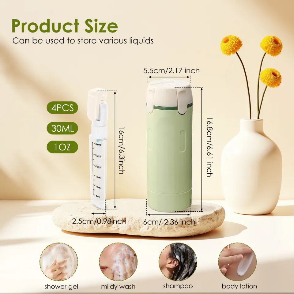 4-in-1 travel dispenser dimensions and 30ml bottle size