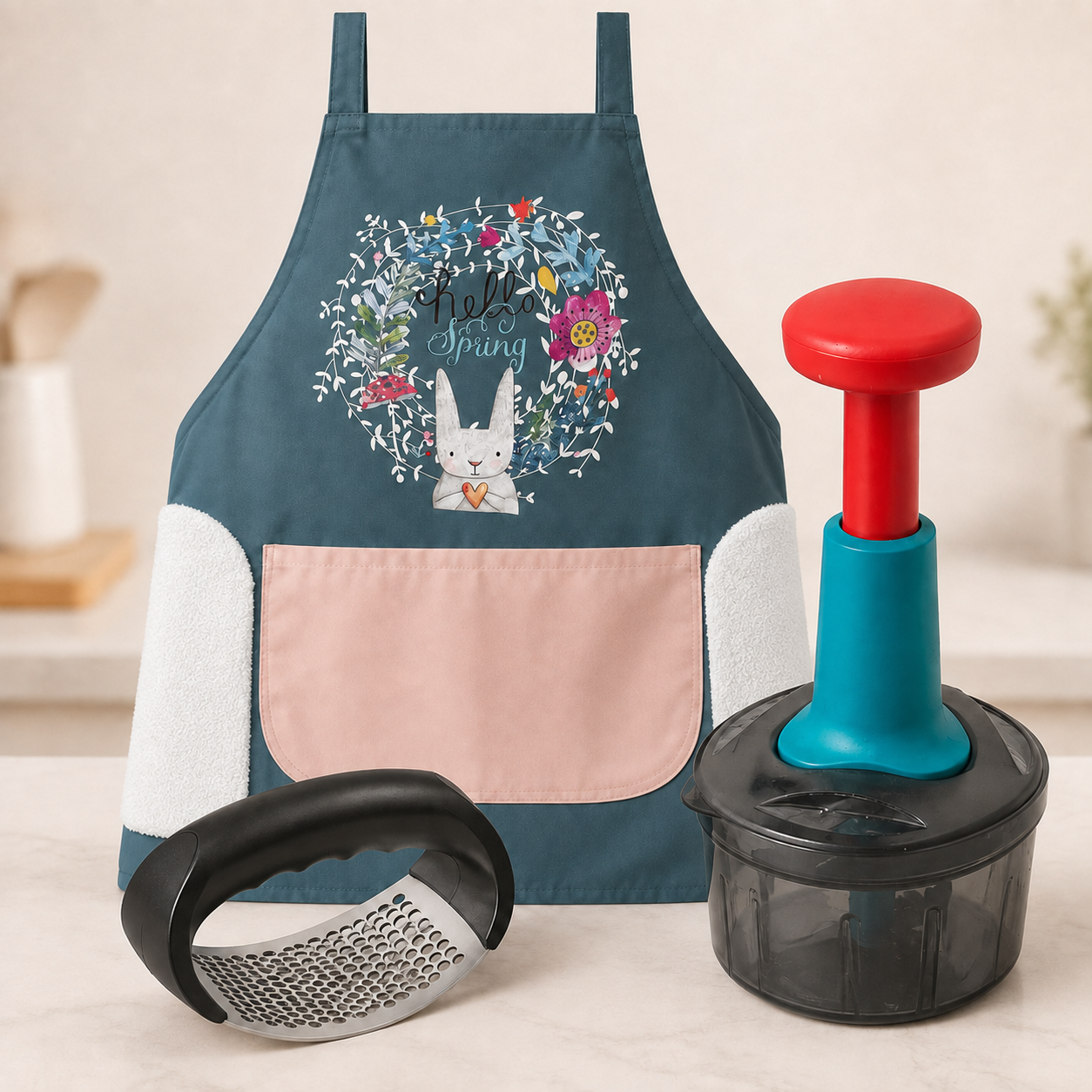 3-in-1 Kitchen Combo Offer— Manual Push Vegetable Chopper, Waterproof Apron & Stainless Steel Garlic Grater