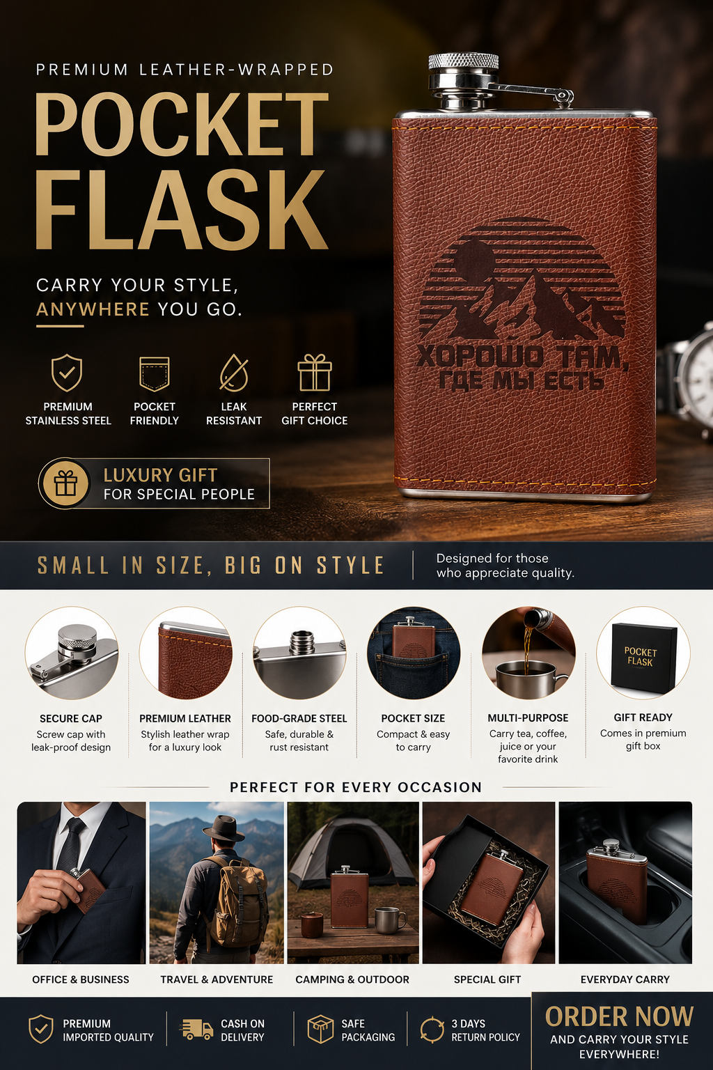 Premium Leather-Wrapped Stainless Steel Pocket Flask | Luxury Travel & Gift Edition