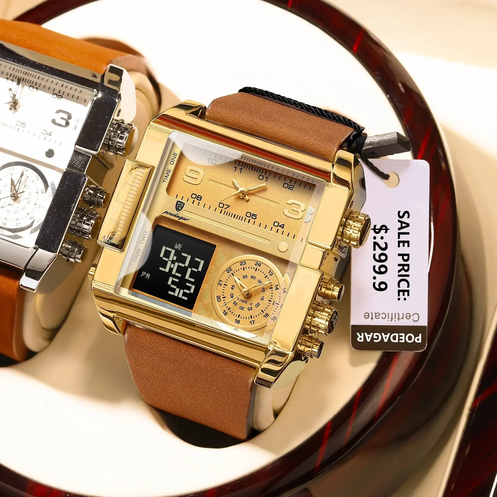 POEDAGAR Luxury Square Analog-Digital Men's Watch — Gold Dial | Leather Strap | 3ATM Waterproof