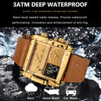 POEDAGAR Luxury Square Analog-Digital Men's Watch — Gold Dial | Leather Strap | 3ATM Waterproof