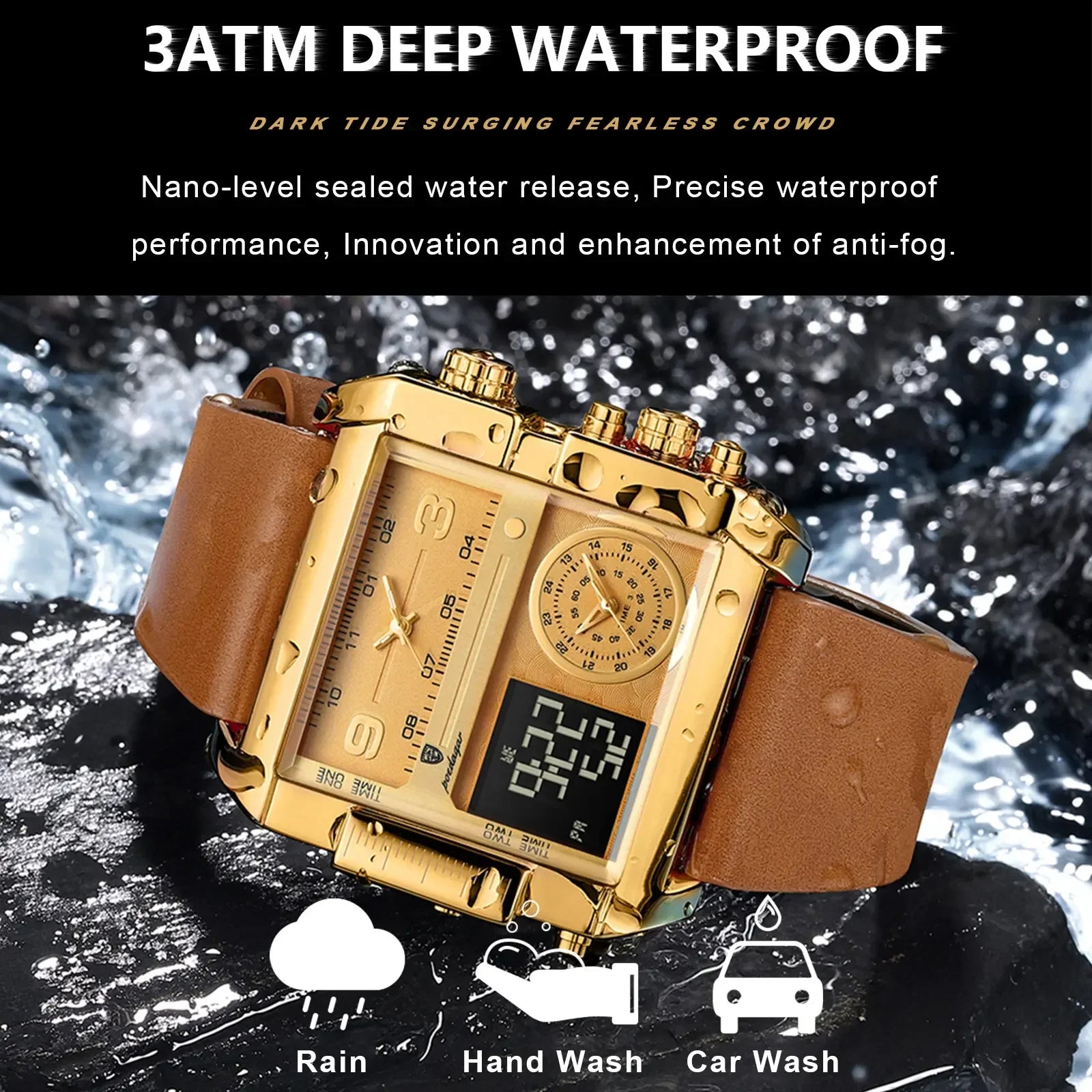 POEDAGAR Luxury Square Analog-Digital Men's Watch — Gold Dial | Leather Strap | 3ATM Waterproof