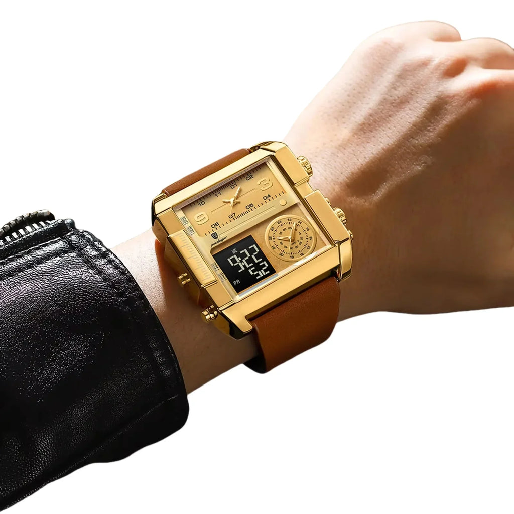 POEDAGAR Luxury Square Analog-Digital Men's Watch — Gold Dial | Leather Strap | 3ATM Waterproof