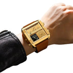POEDAGAR Luxury Square Analog-Digital Men's Watch — Gold Dial | Leather Strap | 3ATM Waterproof