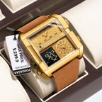POEDAGAR Luxury Square Analog-Digital Men's Watch — Gold Dial | Leather Strap | 3ATM Waterproof