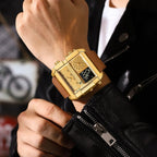 POEDAGAR Luxury Square Analog-Digital Men's Watch — Gold Dial | Leather Strap | 3ATM Waterproof