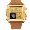 POEDAGAR Luxury Square Analog-Digital Men's Watch — Gold Dial | Leather Strap | 3ATM Waterproof
