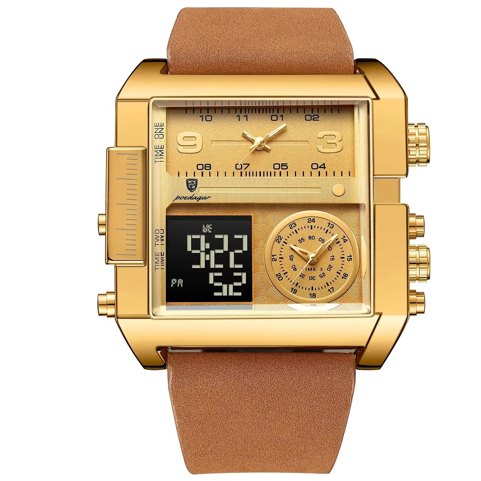 POEDAGAR Luxury Square Analog-Digital Men's Watch — Gold Dial | Leather Strap | 3ATM Waterproof