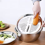 3-in-1 Multifunctional Stainless Steel Vegetable Cutter Basin(Grater + Drain Basket + Bowl — এক সেটেই ৩টি কাজ)