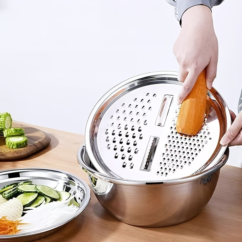 3-in-1 Multifunctional Stainless Steel Vegetable Cutter Basin(Grater + Drain Basket + Bowl — এক সেটেই ৩টি কাজ)