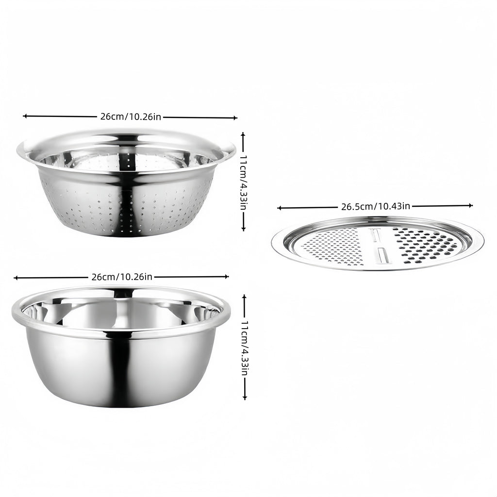 3-in-1 Multifunctional Stainless Steel Vegetable Cutter Basin(Grater + Drain Basket + Bowl — এক সেটেই ৩টি কাজ)