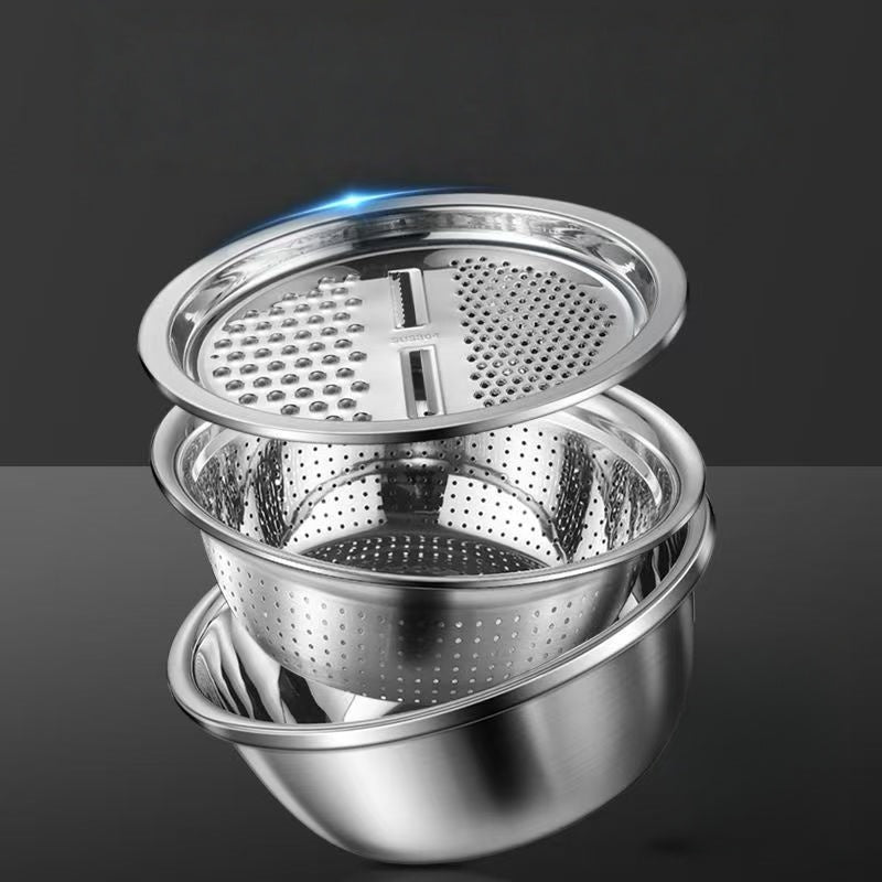 3-in-1 Multifunctional Stainless Steel Vegetable Cutter Basin(Grater + Drain Basket + Bowl — এক সেটেই ৩টি কাজ)
