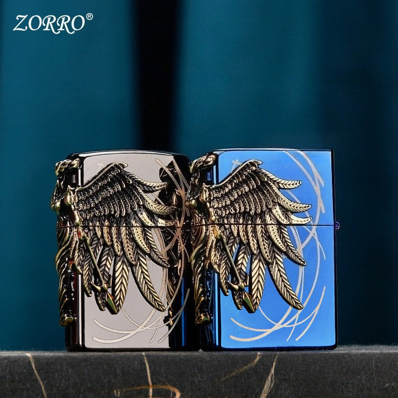 Premium 3D Angel Wings Metal Flip Lighter (Glossy Black & Mirror Blue)