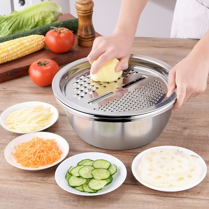 3-in-1 Multifunctional Stainless Steel Vegetable Cutter Basin(Grater + Drain Basket + Bowl — এক সেটেই ৩টি কাজ)