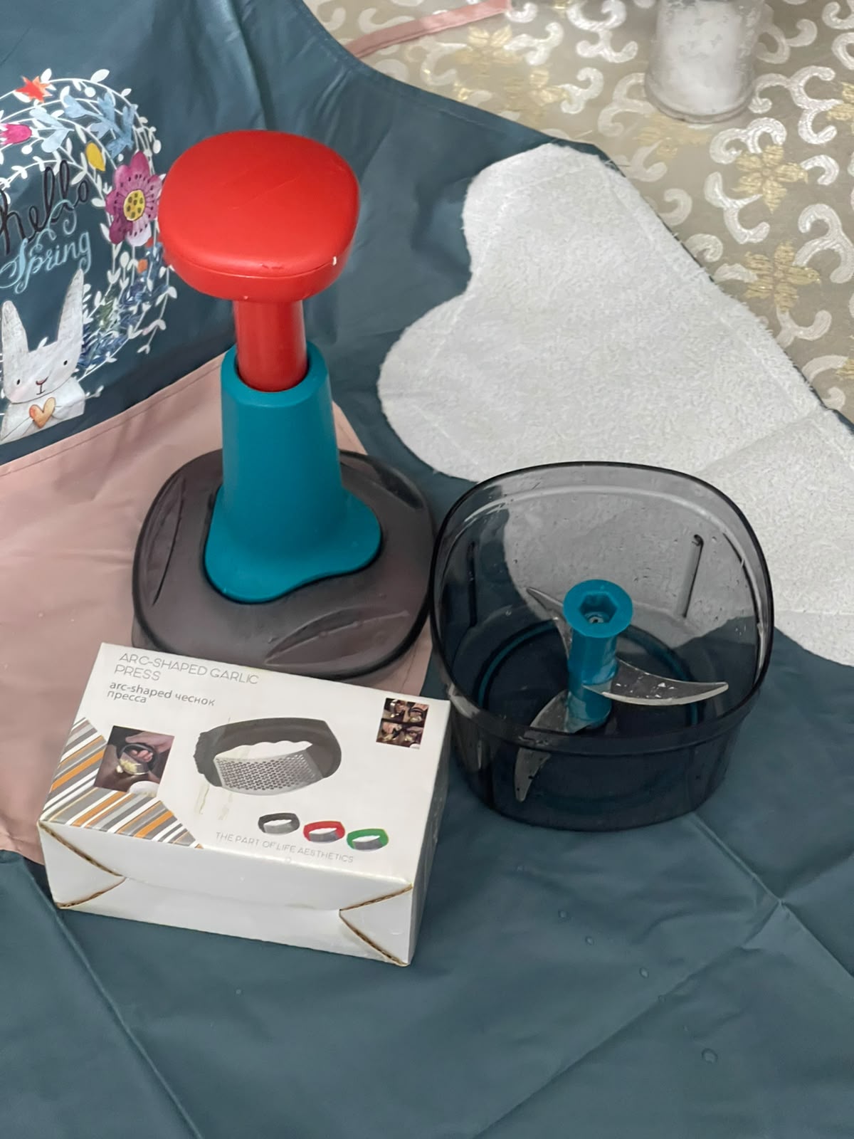 3-in-1 Kitchen Combo Offer— Manual Push Vegetable Chopper, Waterproof Apron & Stainless Steel Garlic Grater
