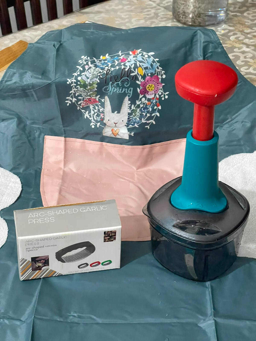 3-in-1 Kitchen Combo Offer— Manual Push Vegetable Chopper, Waterproof Apron & Stainless Steel Garlic Grater