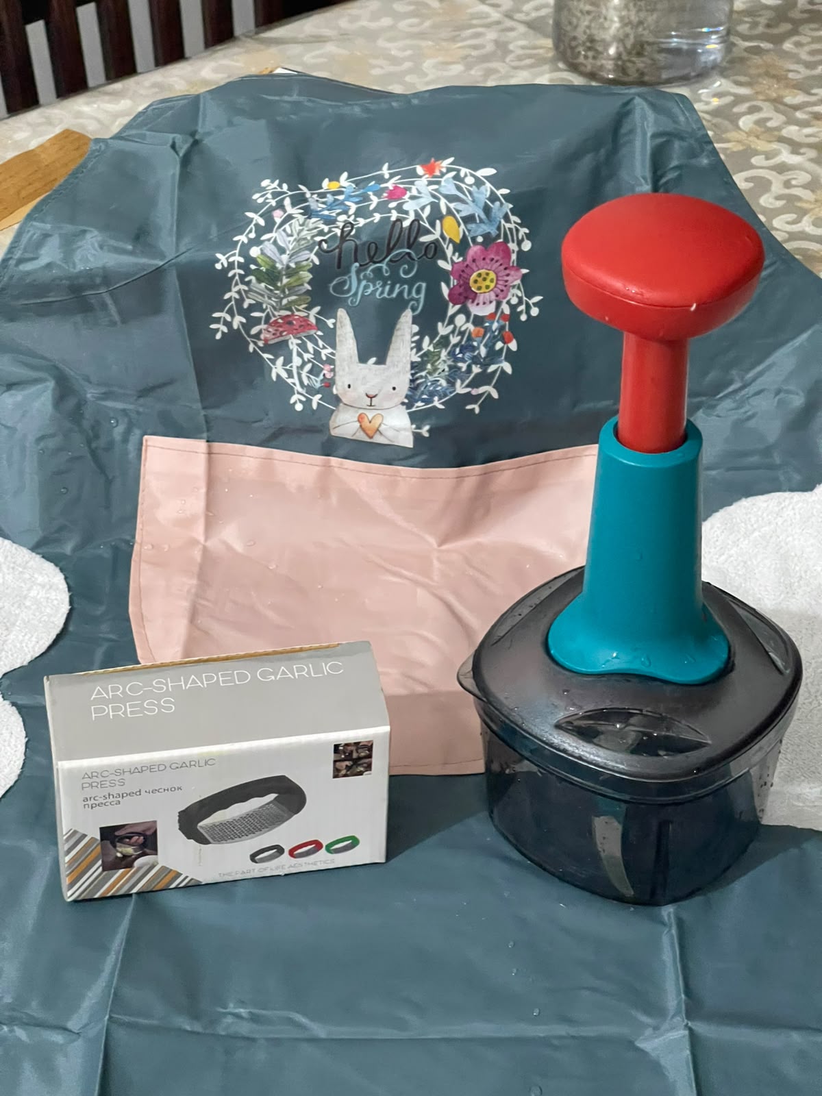3-in-1 Kitchen Combo Offer— Manual Push Vegetable Chopper, Waterproof Apron & Stainless Steel Garlic Grater