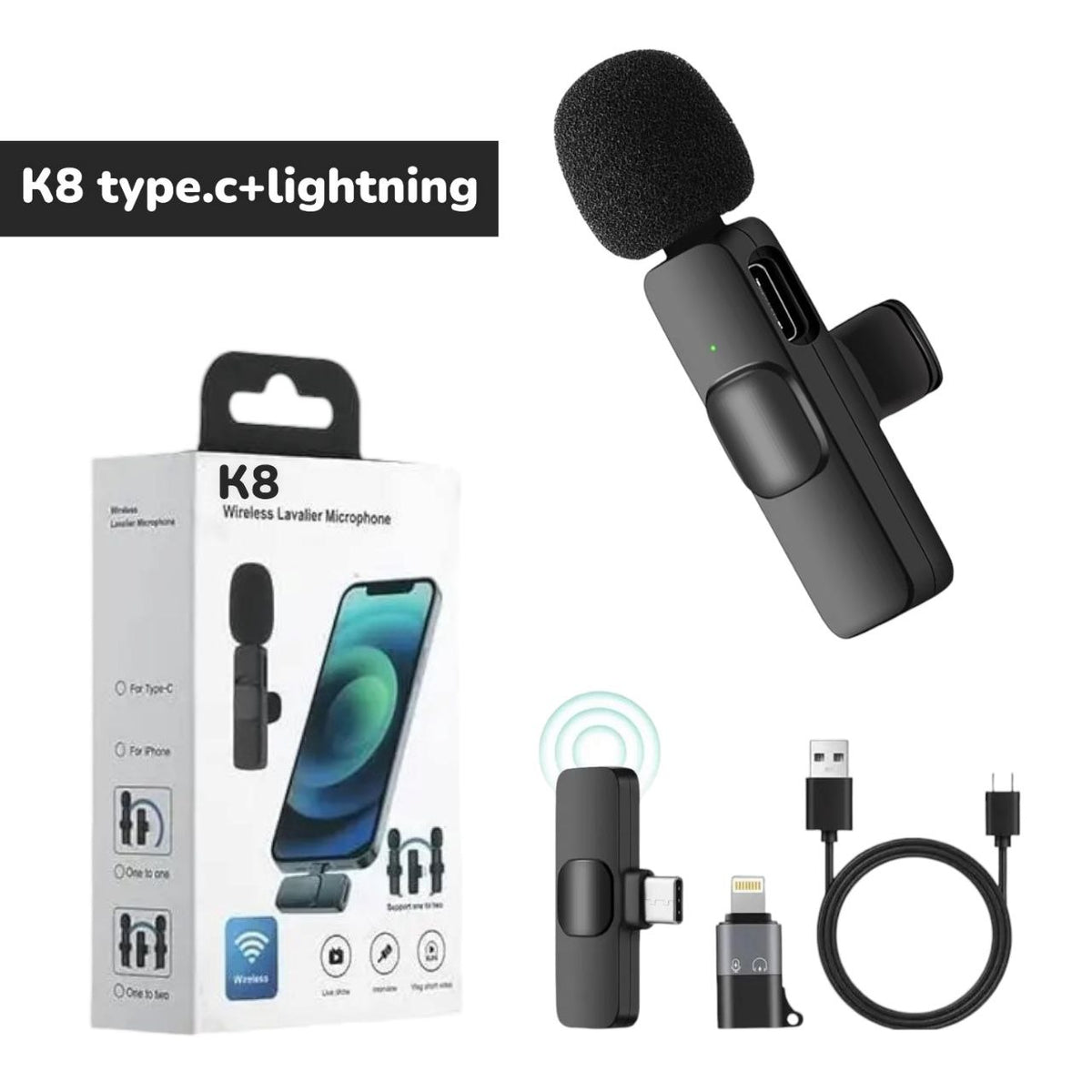 K8 wireless lavalier microphone kit with Type-C and Lightning adapters