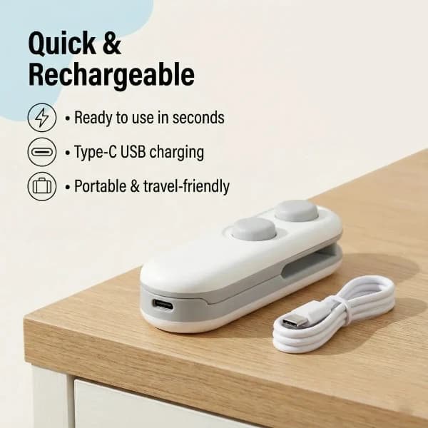 Rechargeable mini bag sealer with USB Type-C charging cable