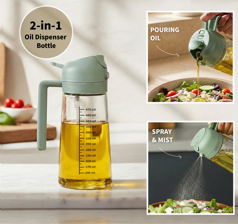 2 in 1 glass oil sprayer dispenser with pour and mist feature view
