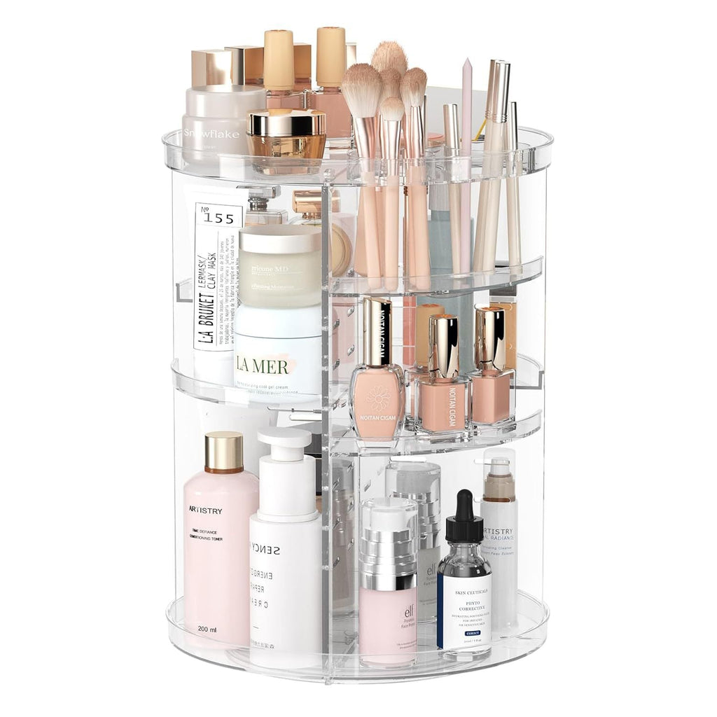 Clear 360 degree rotating acrylic makeup organizer with cosmetics