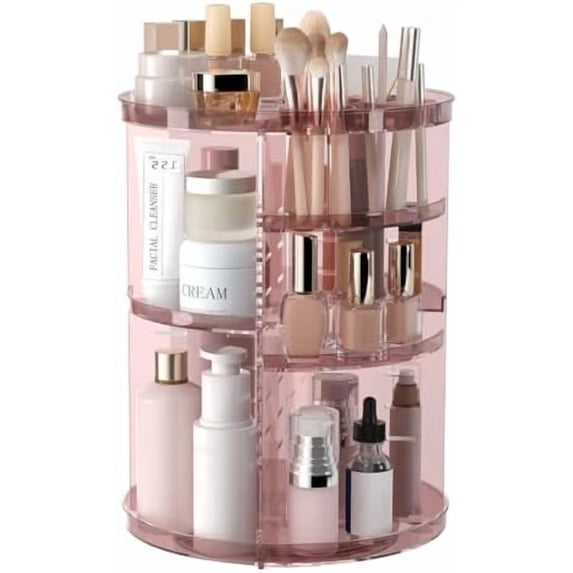 Pink 360 degree rotating makeup organizer with skincare and brushes