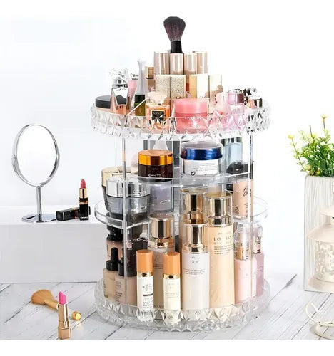 Clear rotating makeup organizer fully stocked on a vanity