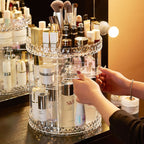 360 degree rotating acrylic makeup organizer in use on a vanity