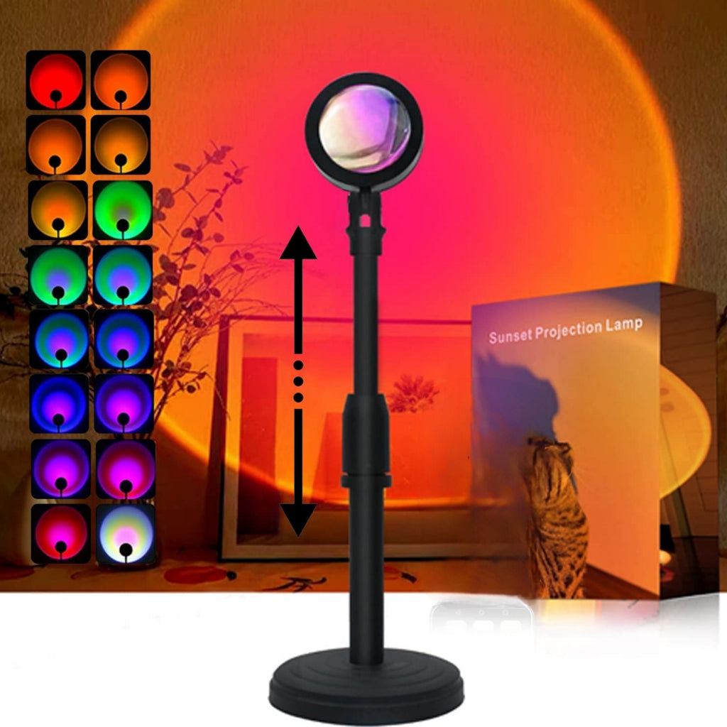 Adjustable RGB sunset projection lamp with multiple color examples