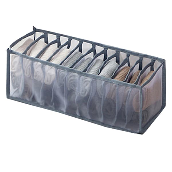 Grey 11-grid mesh closet organizer with folded garments