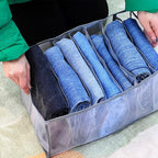 Foldable wardrobe grid organizer filled with jeans